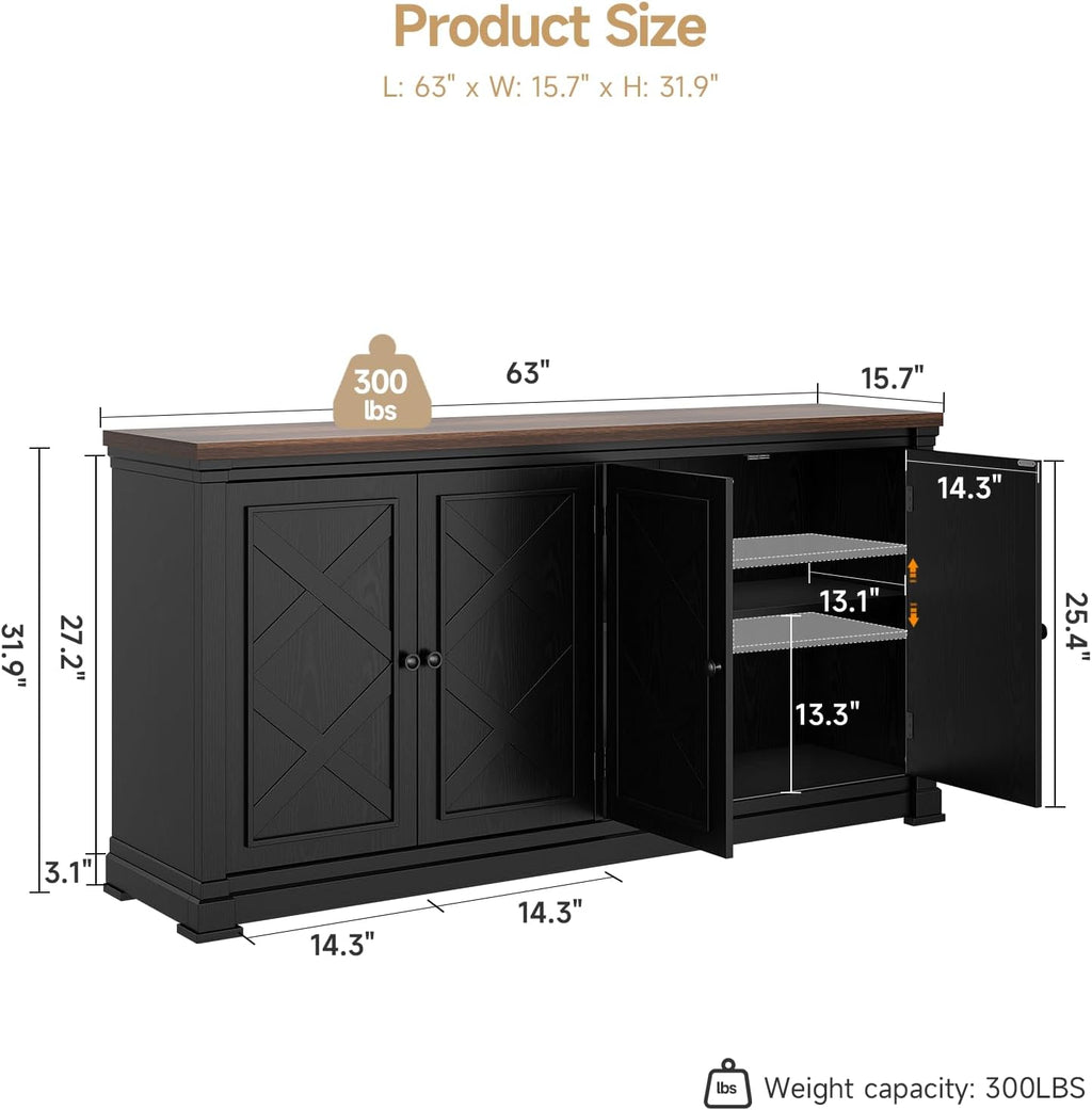 63" Black 4 Barn Doors Buffet