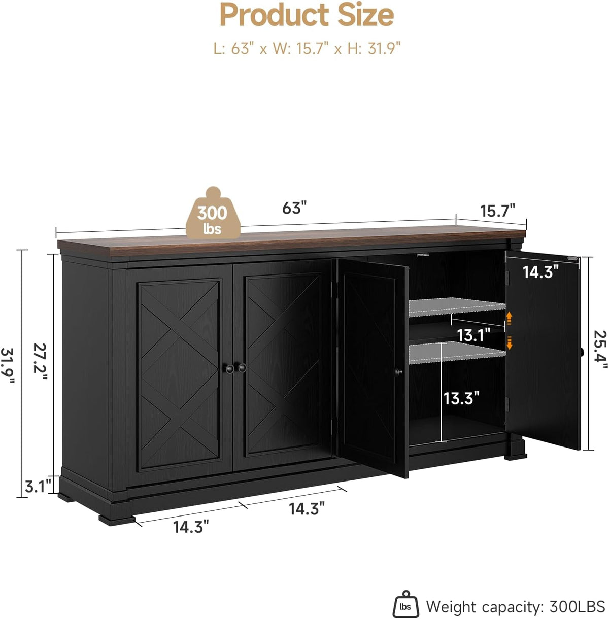 63" Black 4 Barn Doors Buffet