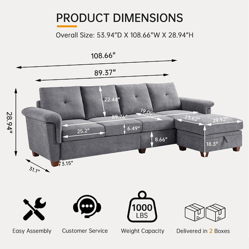 108" L Shape 4 Seat Fabric Sectional Sofa