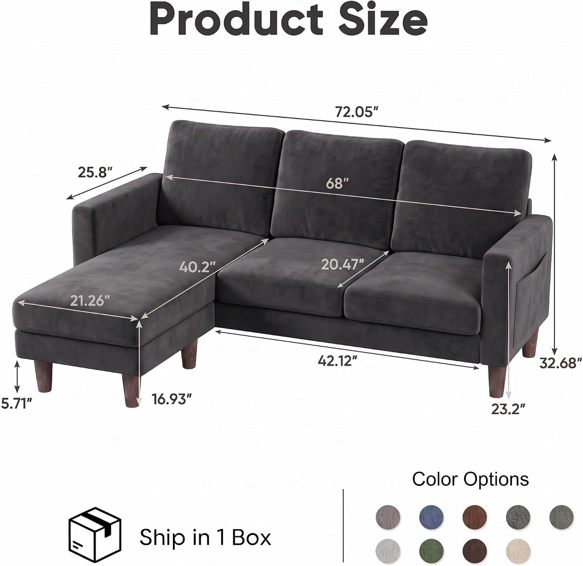 Charcoal Gray 72" L Shaped Sofa
