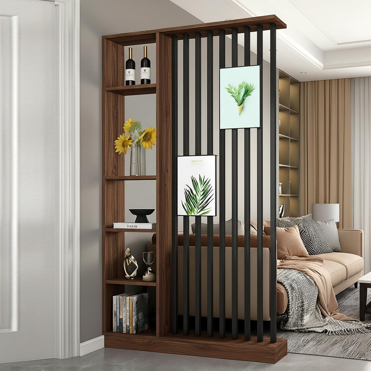 Walnut Industrial Room Divider with Shelves