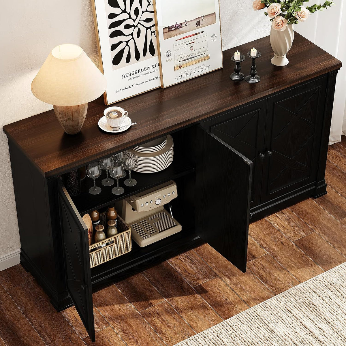 63" Black 4 Barn Doors Buffet