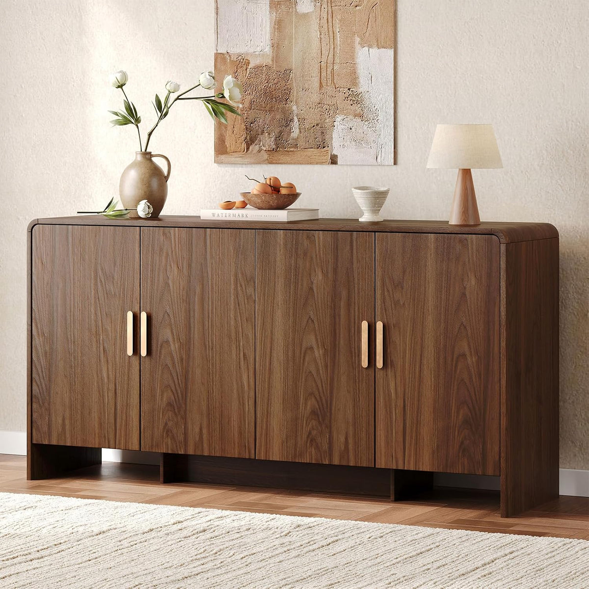 60" Walnut Curved Sideboard Buffet