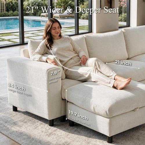 115" Cream White L Shaped Modular Sectional Sofa