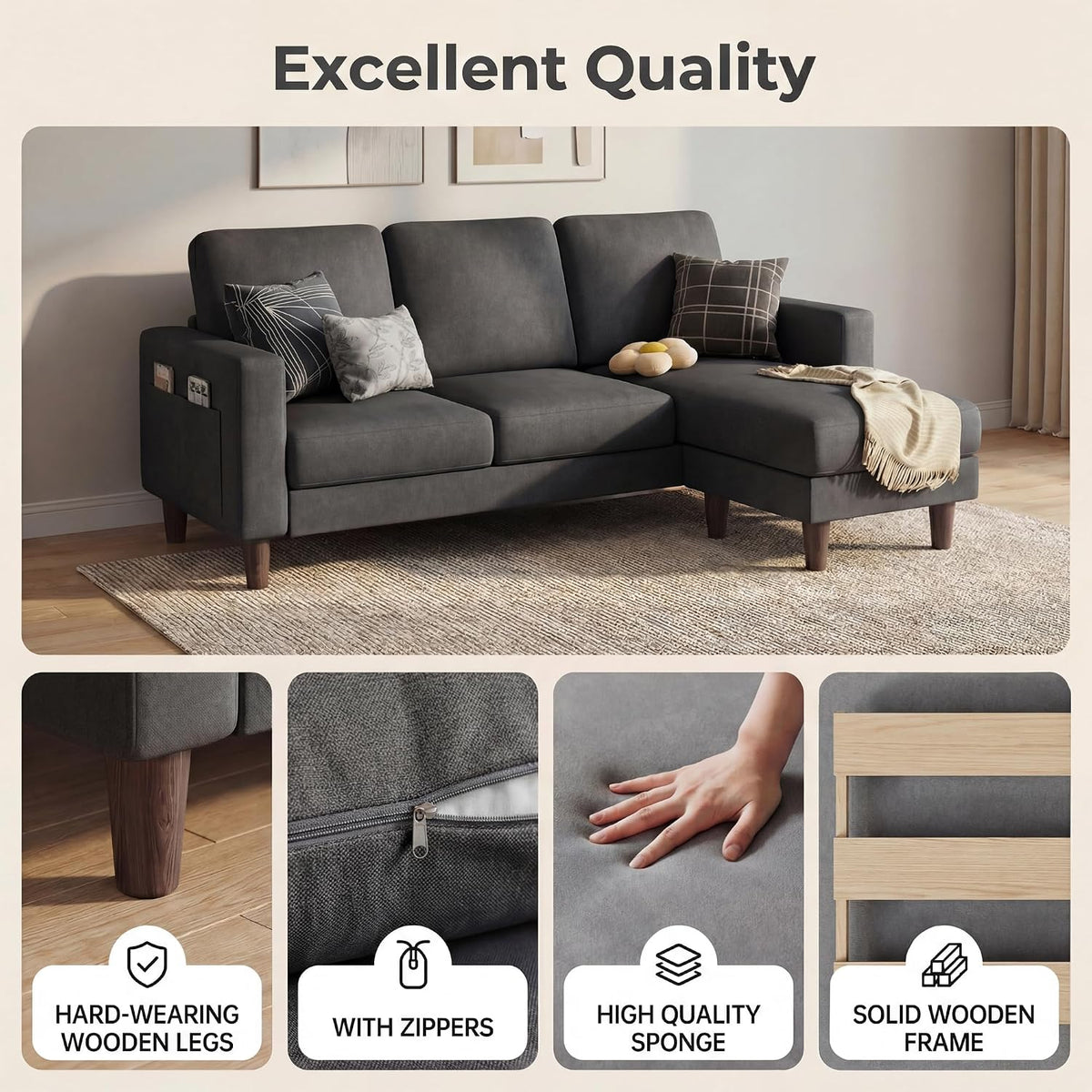 Charcoal Gray 72" L Shaped Sofa